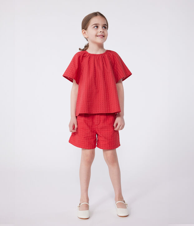 Children's short-sleeved cotton blouse with a floral pattern red