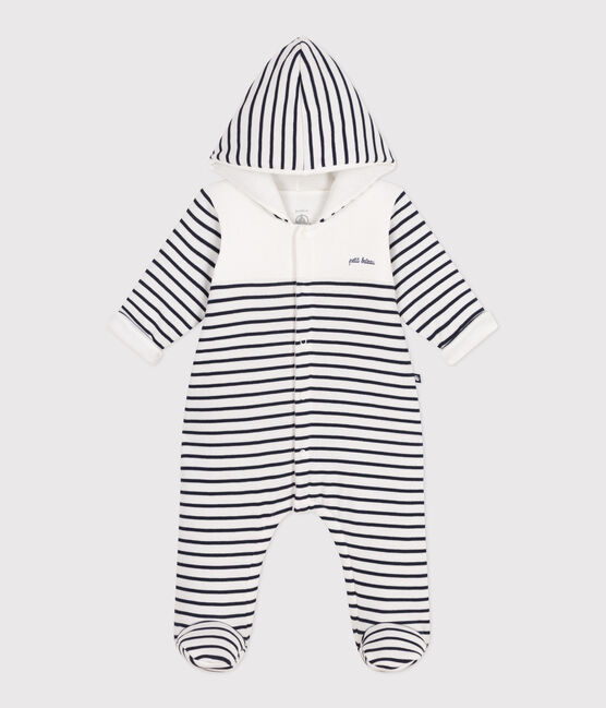 Babies' Breton-stripe padded playsuit with a hood and feet MARSHMALLOW white/SMOKING blue