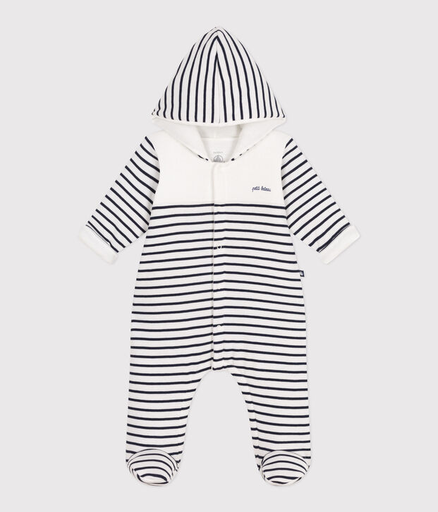 Babies' Breton-stripe padded playsuit with a hood and feet white/blue