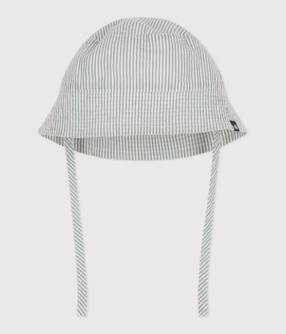 Babies' seersucker sun hat with ties MARSHMALLOW white/BRUT blue