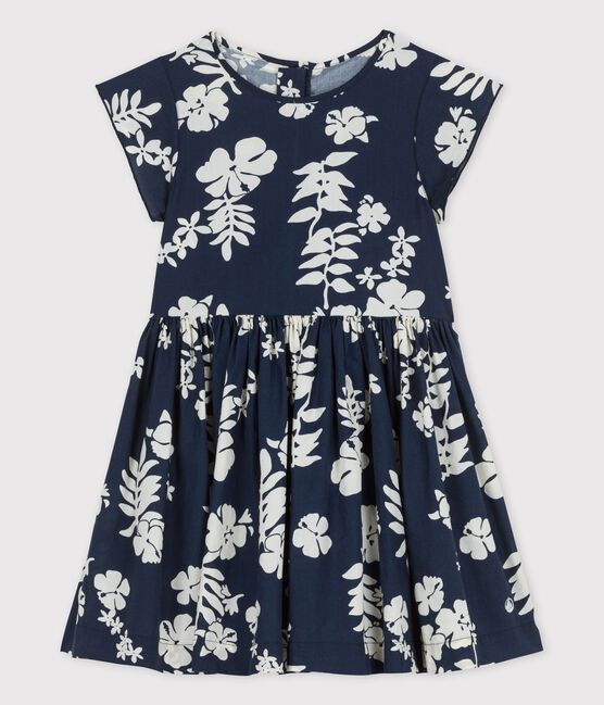 Girls' Short-Sleeved Poplin Dress MEDIEVAL blue/MARSHMALLOW white