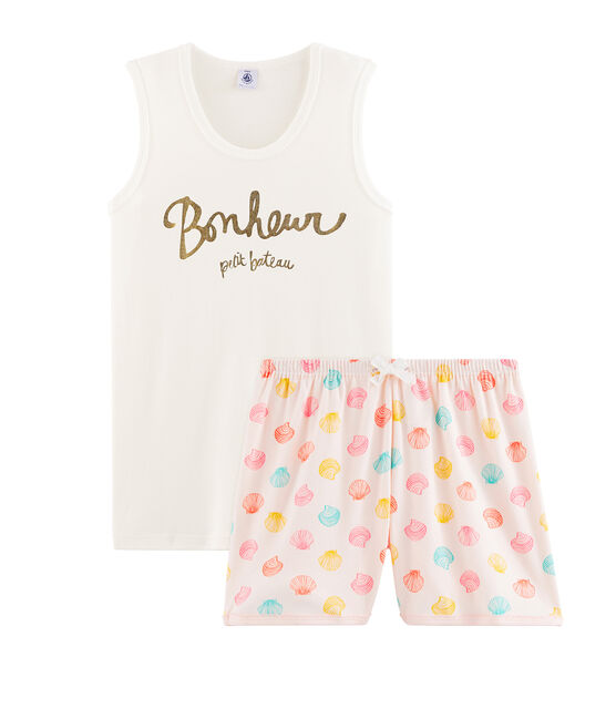 Girls' Ribbed Short Pyjamas FLEUR pink/MULTICO white