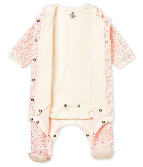 Baby girl's Bodyjama in print cotton velour MARSHMALLOW white/JOLI pink