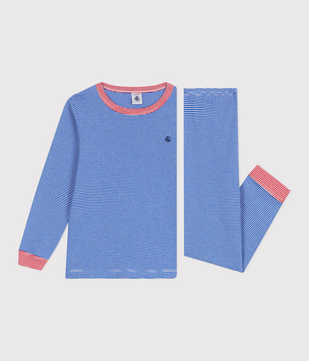 Children's long-sleeved stripy cotton pyjamas blue/white