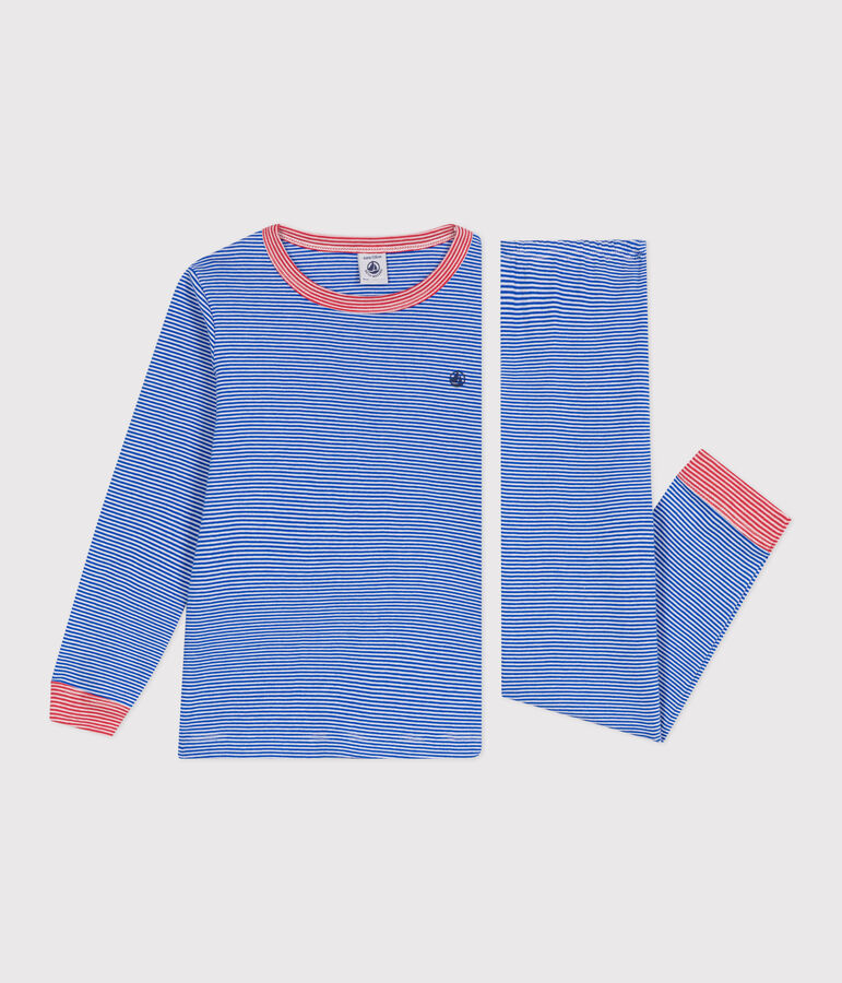 Children's long-sleeved stripy cotton pyjamas PERSE blue/MARSHMALLOW white