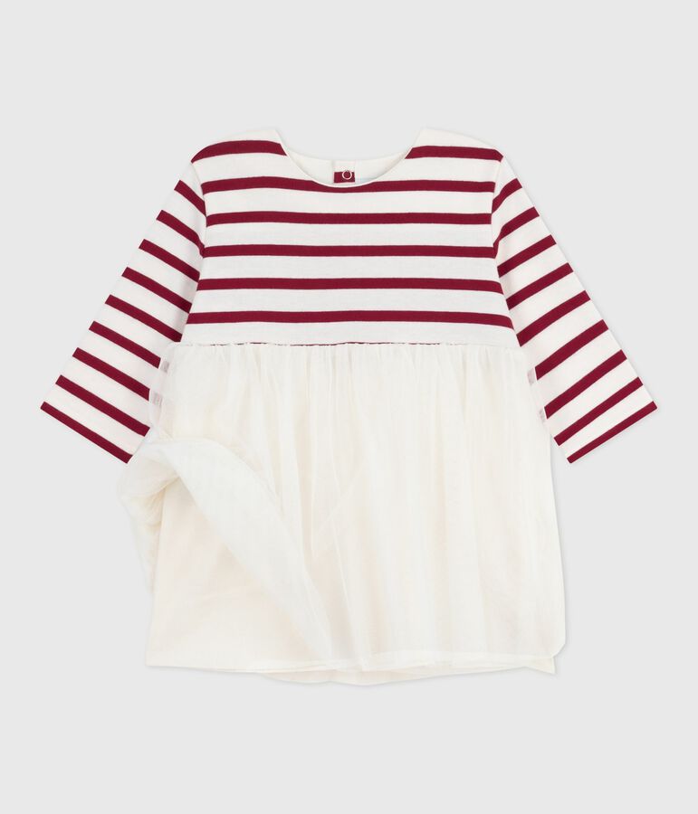 Babies' long-sleeved dress in two materials Ecru/red
