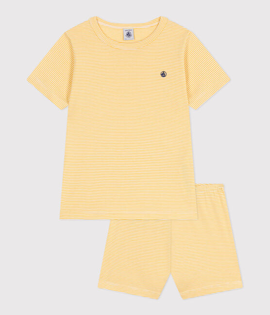 Children's short stripy cotton pyjamas BLE yellow/MARSHMALLOW white