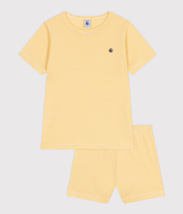 Children's short stripy cotton pyjamas yellow/white