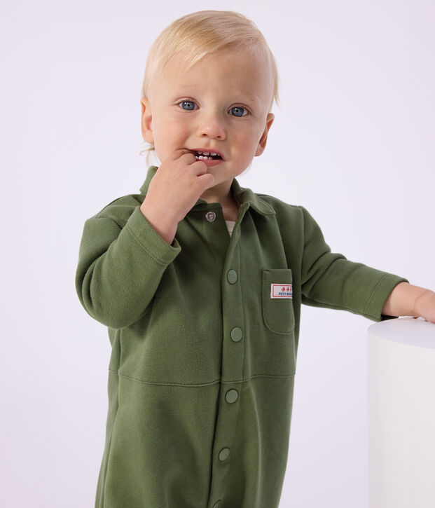 Babies' long plain cotton jumpsuit OLIVINE