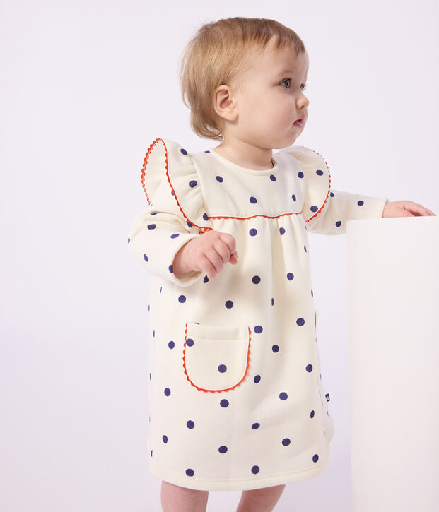 Babies' long sleeved polka dot-print cotton dress blue/blue