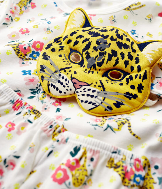 Girls' Glow in the Dark Panther Print Cotton Pyjamas MARSHMALLOW white/MULTICO white