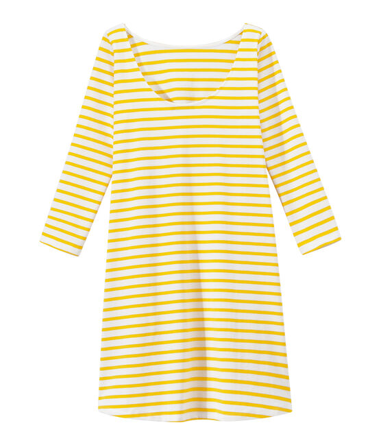 Women's striped dress with 3/4-length sleeves MARSHMALLOW white/SHINE yellow