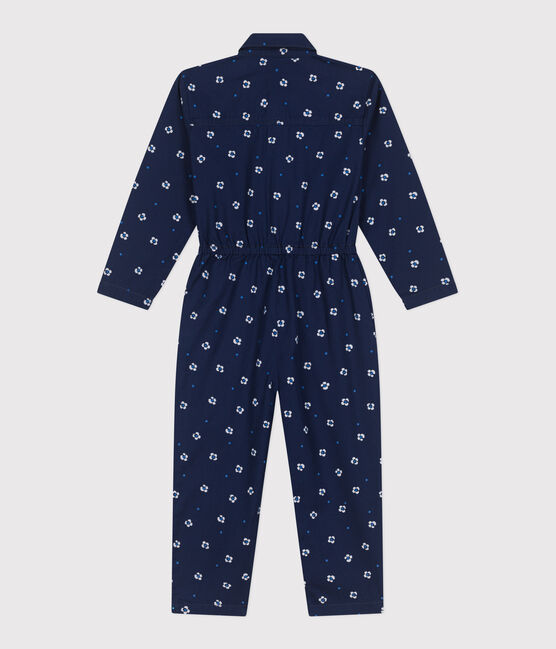 Children's long-sleeved floral cotton jumpsuit MEDIEVAL blue/MARSHMALLOW white