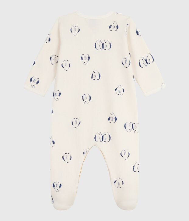 Baby brushed fleece pyjamas with a penguin animal print and petal collar Ecru/multicolor