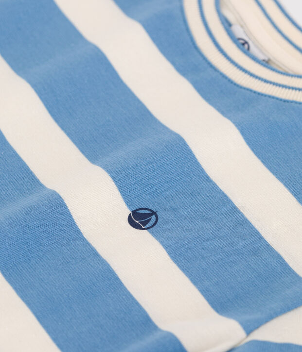 Children's short-sleeved stripy cotton T-shirt blue/ecru