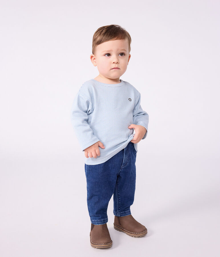 Babies' long-sleeved stripy cotton T-Shirt blue/white