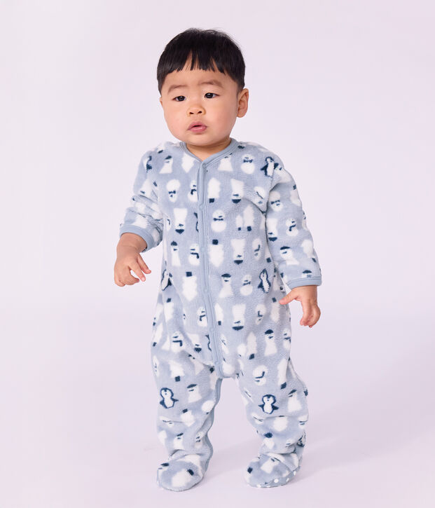 Babies' fleece onesie with a snowman print blue/multicolor