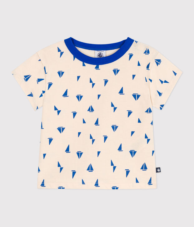 Babies' short-sleeved boat print cotton T-shirt Ecru/blue