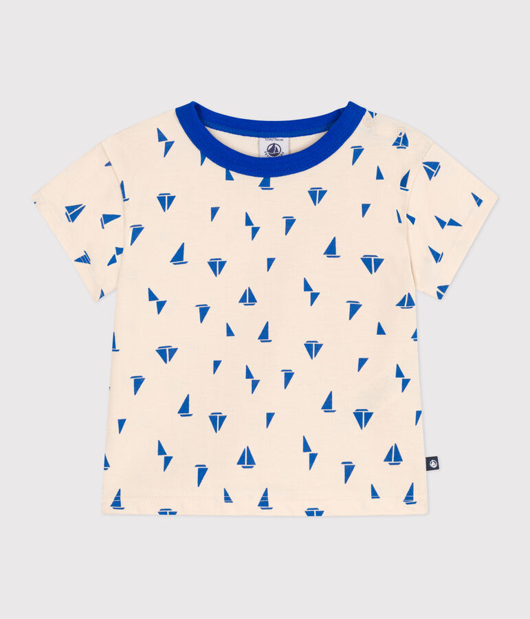 Babies' short-sleeved boat print cotton T-shirt AVALANCHE blue/PERSE white