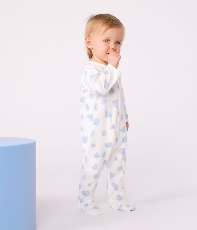 Babies' brushed fleece heart-print pyjamas with a collar white/blue