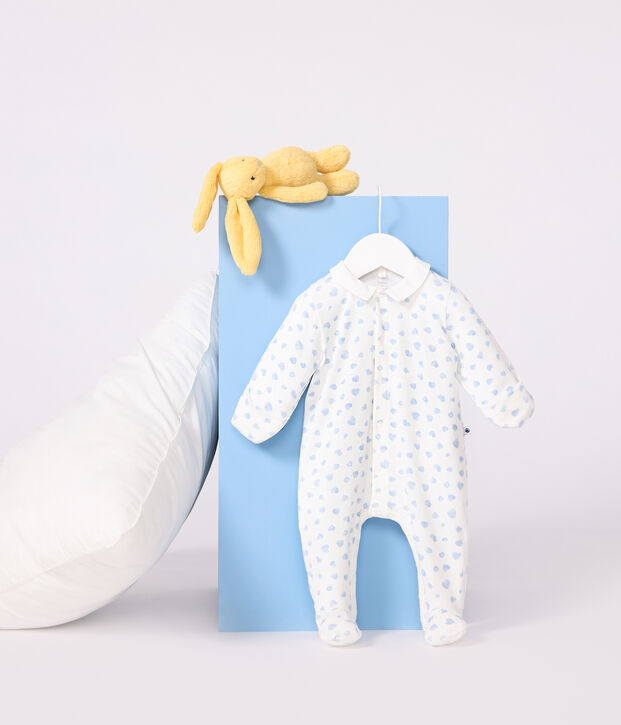 Babies' heart-print cotton pyjama suit with a collar white/blue