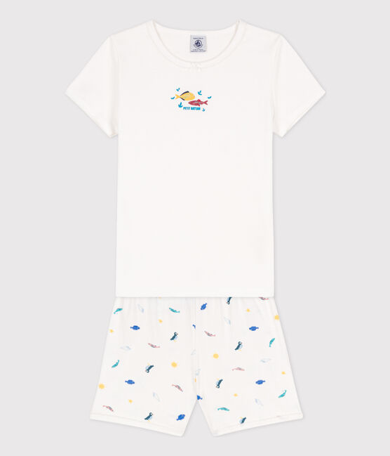 Girls' Sealife Themed Short Cotton Pyjamas MARSHMALLOW white/MULTICO white