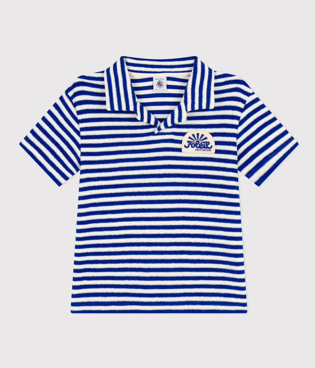 Boys' Short-Sleeved Brushed Terry Towelling Polo Shirt blue/ecru