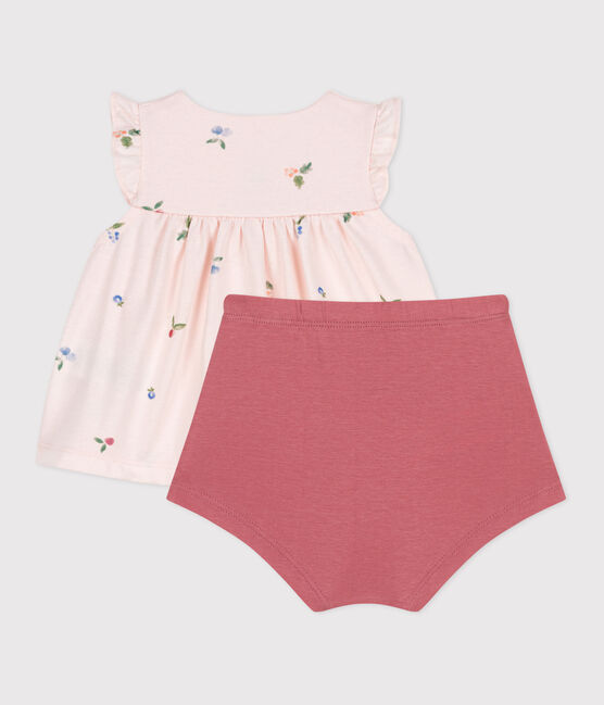 Newborn babies' two-piece cotton set with a ruffled blouse FLEUR pink/MULTICO white