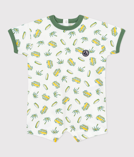 Babies' short-sleeved surf print cotton playsuit MARSHMALLOW white/MULTICO white