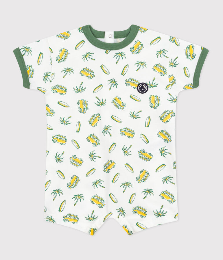 Babies' short-sleeved surf print cotton playsuit white/multicolor