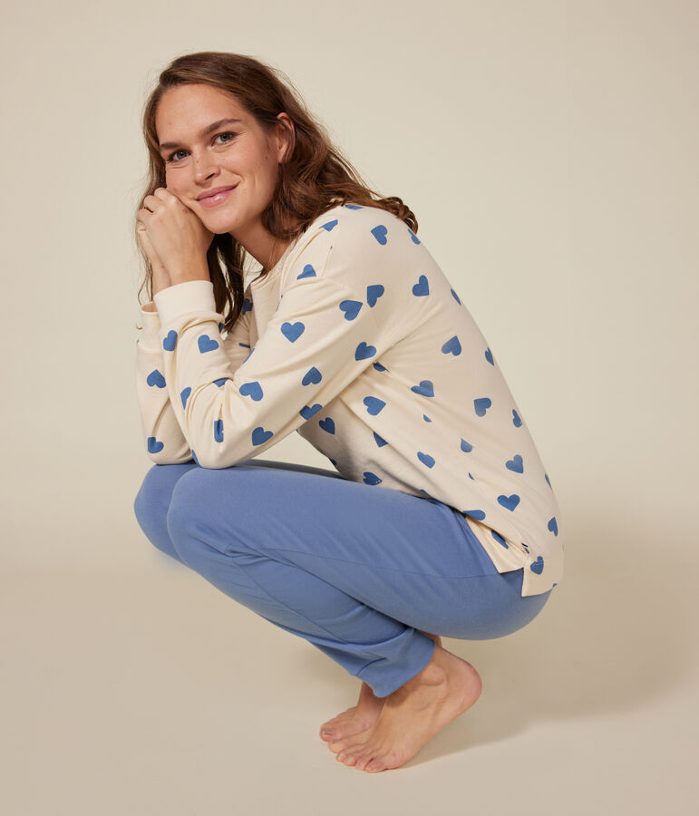 Women's cotton pyjamas in two materials blue/ecru