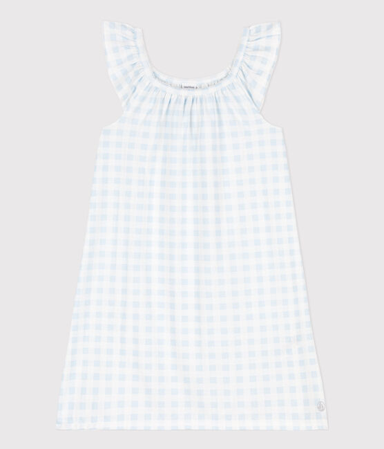 Girls' Fine Cotton Gingham Print Nightdress MARSHMALLOW blue/GOMME white