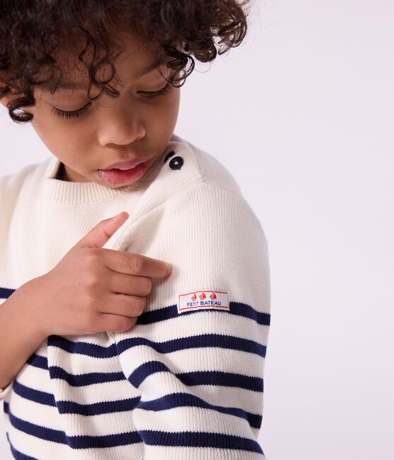 Children's stripy jumper in wool and cotton MARSHMALLOW blue/SOIR