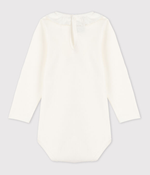 Babies' Long-Sleeved Cotton Bodysuit With Ruff Collar white