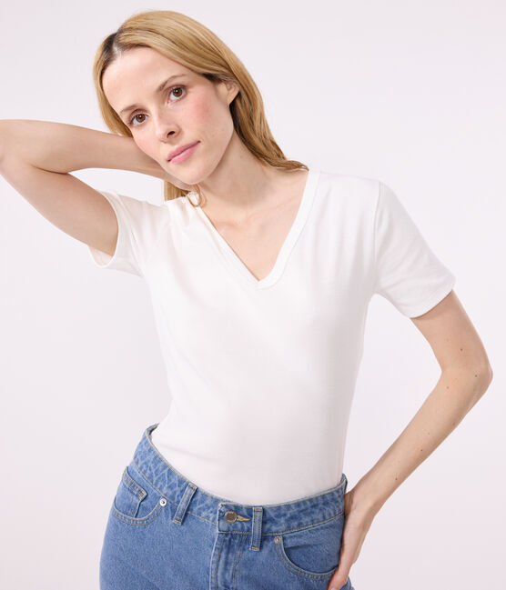 Women's iconic plain short-sleeved rib knit T-shirt ECUME white