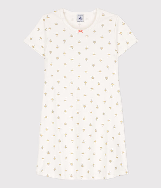 Girls' Palm Patterned Cotton Nightdress MARSHMALLOW white/MULTICO white