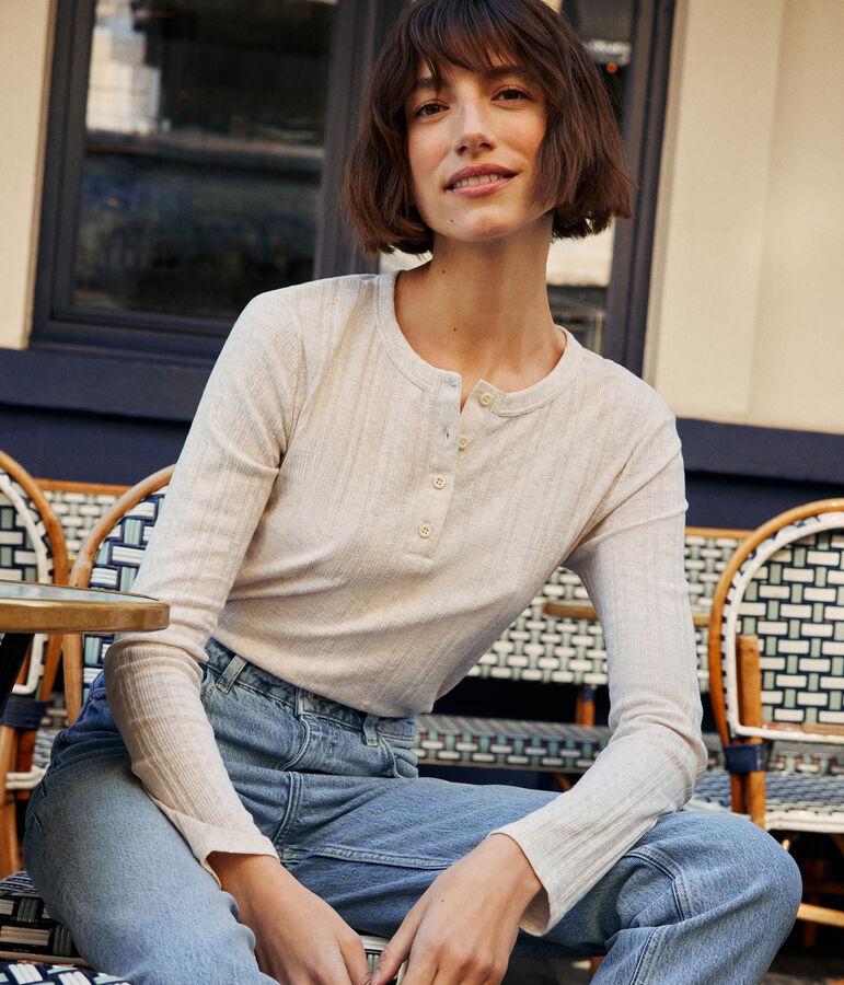 Women's plain drop needle rib knit t-shirt with long sleeves and a grandad neckline beige