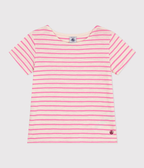 Girls' Stripy Slub Jersey T-shirt AVALANCHE /SHOCKING