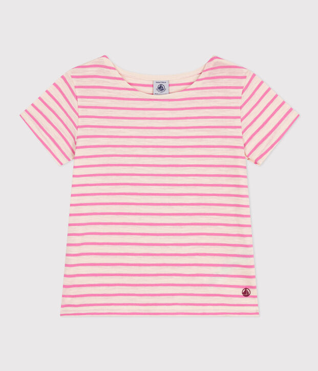 Girls' Stripy Slub Jersey T-shirt Ecru/pink