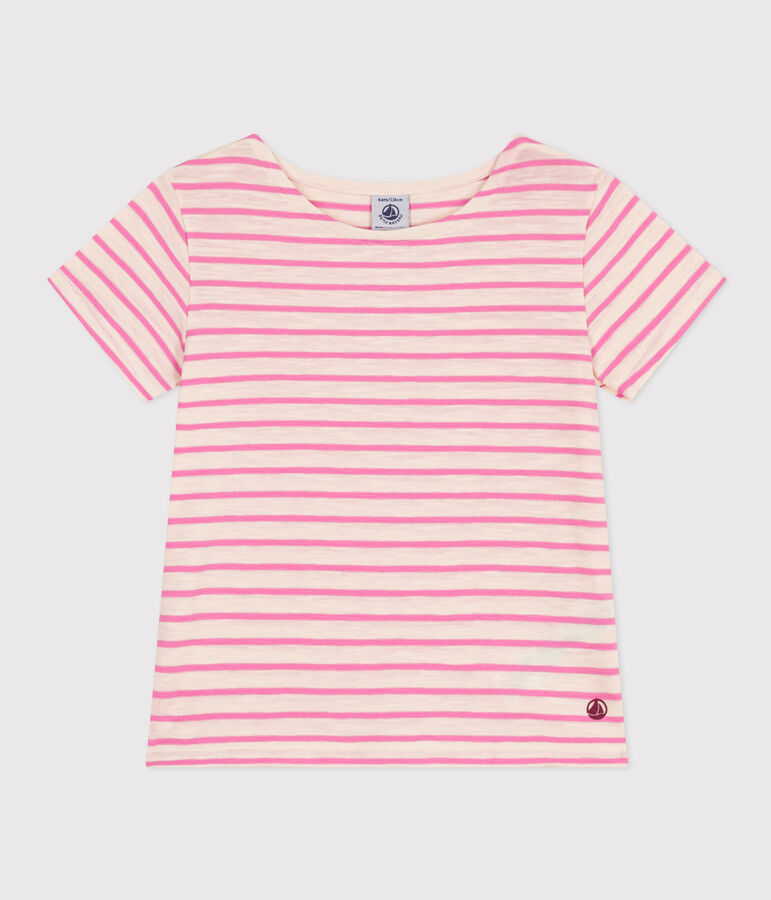 Girls' Stripy Slub Jersey T-shirt Ecru/pink