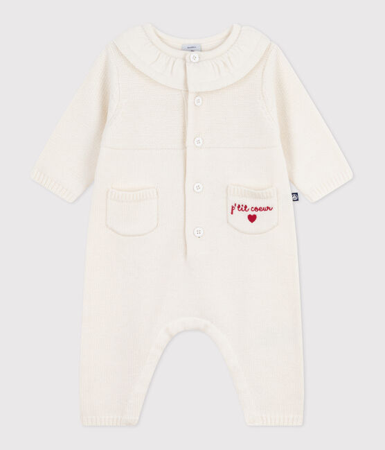 Babies' knitted playsuit with a collar and "P'tit Cœur" embroidery MARSHMALLOW white