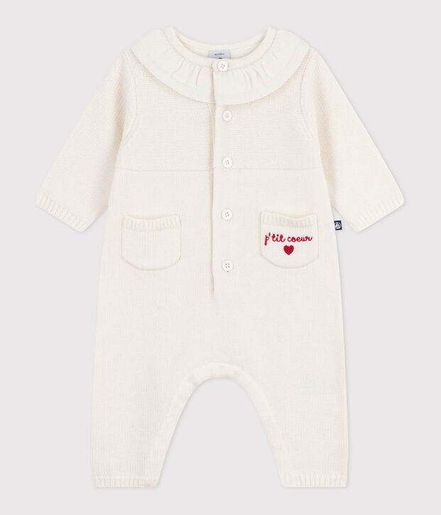 Babies' knitted playsuit with a collar and P'tit C&oelig;ur embroidery white