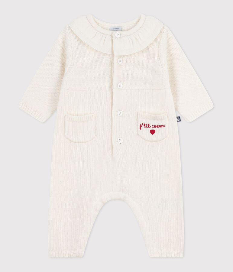 Babies' knitted playsuit with a collar and P'tit C&oelig;ur embroidery white