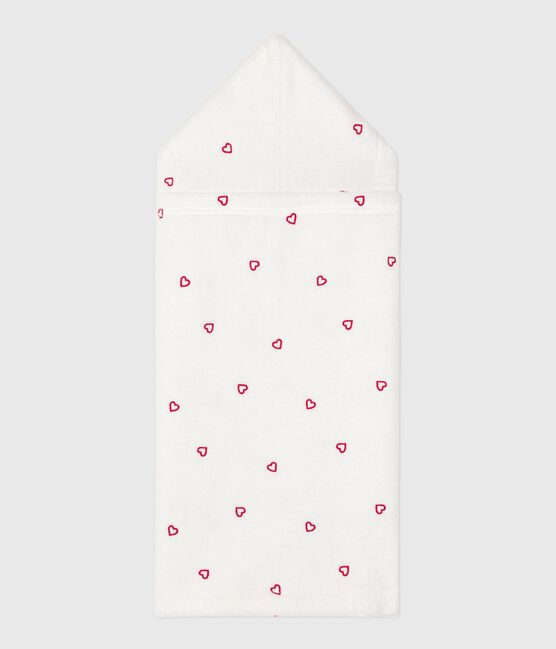 Babies' terry bath cape with embroidered hearts MARSHMALLOW white/CHARME pink