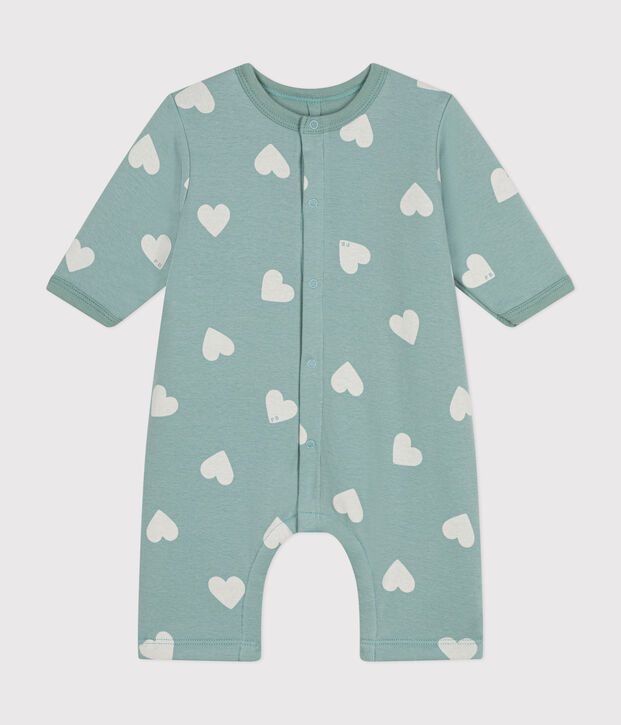 Babies' long padded cotton jumpsuit green/ecru