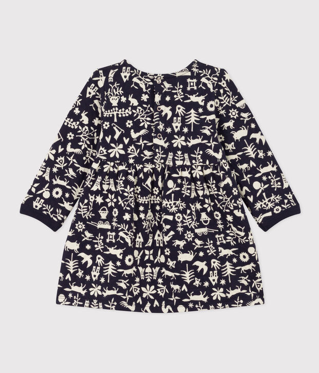 Babies' Long-Sleeved Patterned Quilted Tube Knit Dress blue/ecru