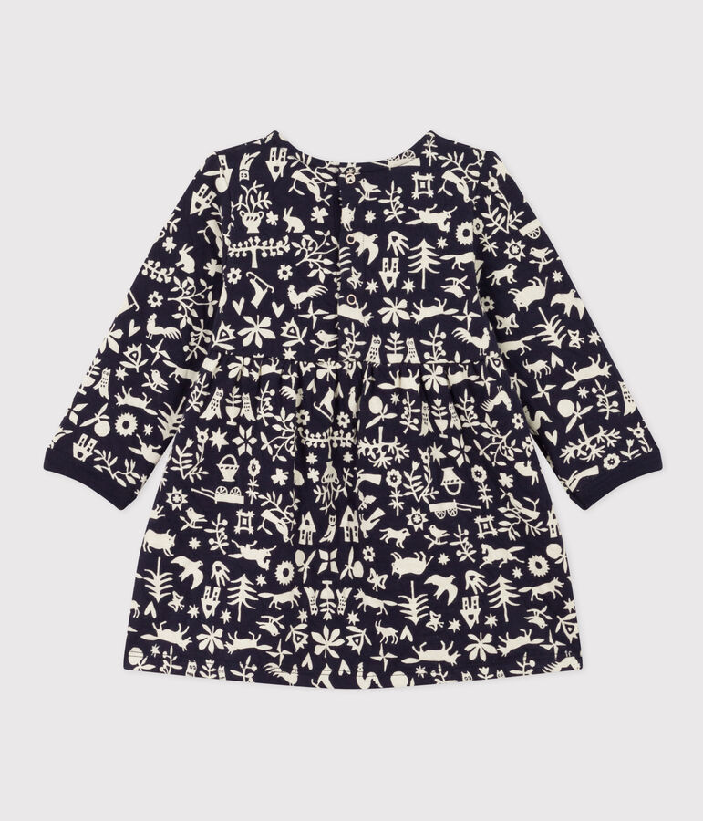 Babies' Long-Sleeved Patterned Quilted Tube Knit Dress blue/ecru