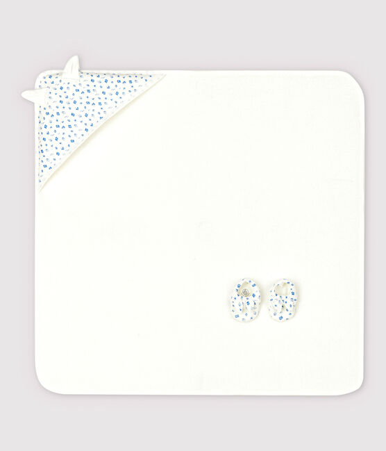 Babies' Square Bath Towel and Bootees Set in Terry and Organic Cotton MARSHMALLOW white/COOL blue