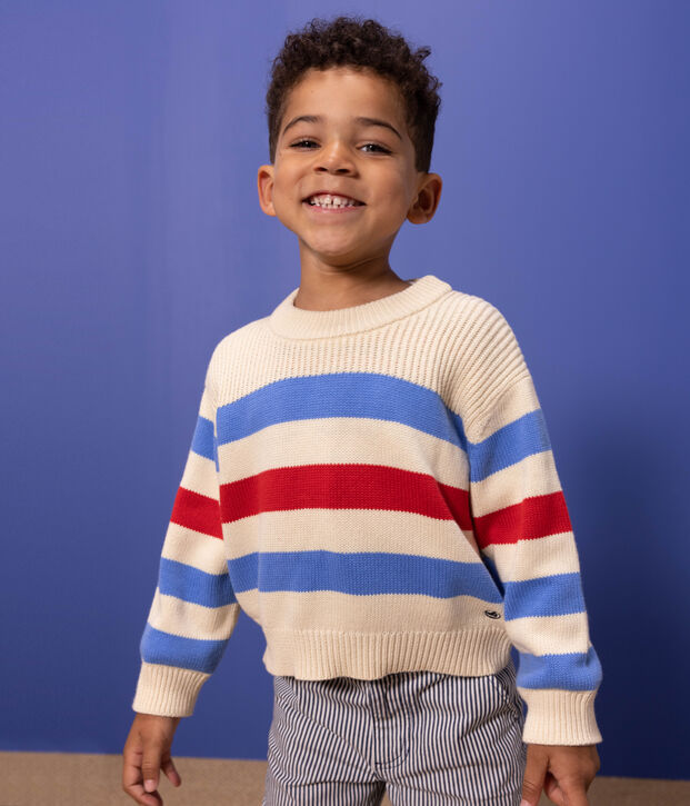 Children's Unisex Stripy Cotton Pullover Ecru/blue/red