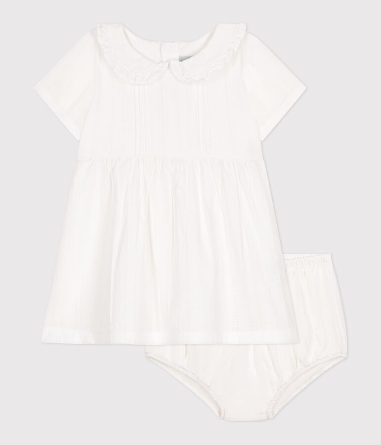 Babies' white cotton dress and bloomers with pretty openwork details white